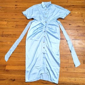 Summer Blue Satin T Shirt Wrap Belt Maxi Dress.